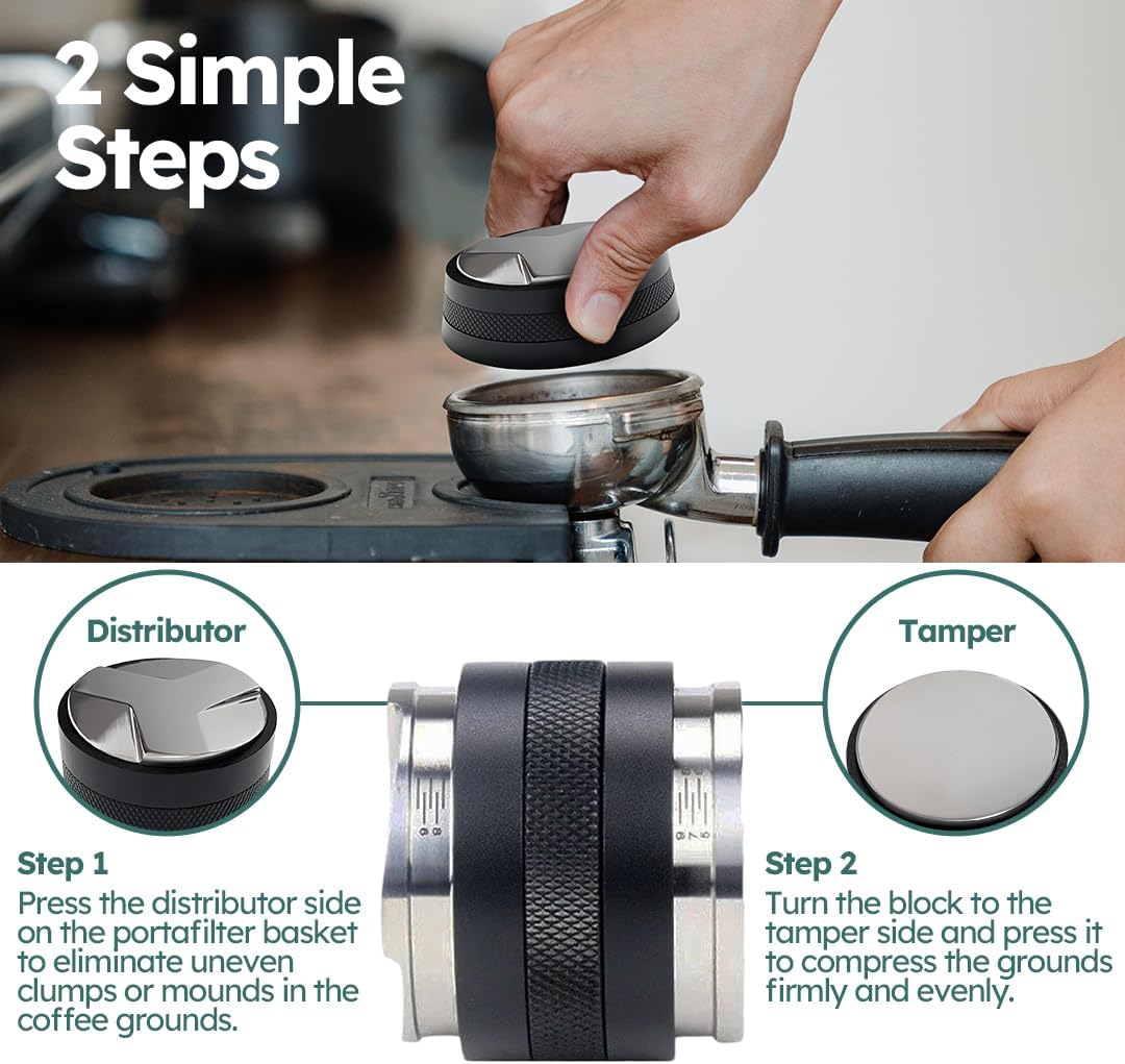 Espresso Tamper 2.283 in, distribuidor profesional de café y manipulador de mano, profundidad ajustable para todos los portafiltros de espresso de