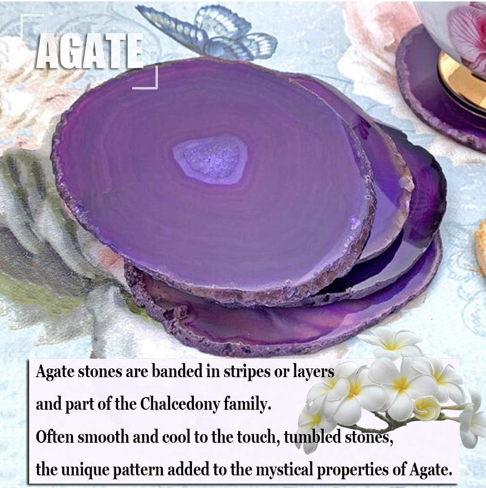 AMOYSTONE Posavasos de ágata para bebidas, posavasos de piedra de cristal, geoda, decorativo, morado, regalos antideslizantes, juego de 4, 3-3.5