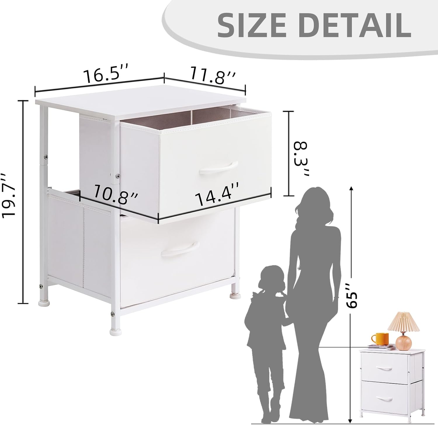 Somdot Mesita de noche, cómoda pequeña para dormitorio con 2 cajones, mesita de noche, mesa auxiliar con contenedores de tela para dormitorio,