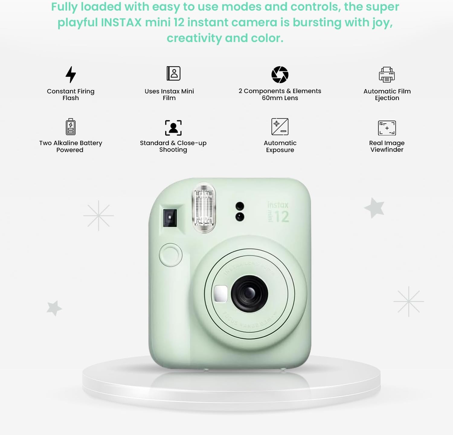 Fujifilm Instax Mini 12 – Cámara instantánea verde menta + paquete de accesorios MiniMate y funda personalizada compatible + película Fuji Instax
