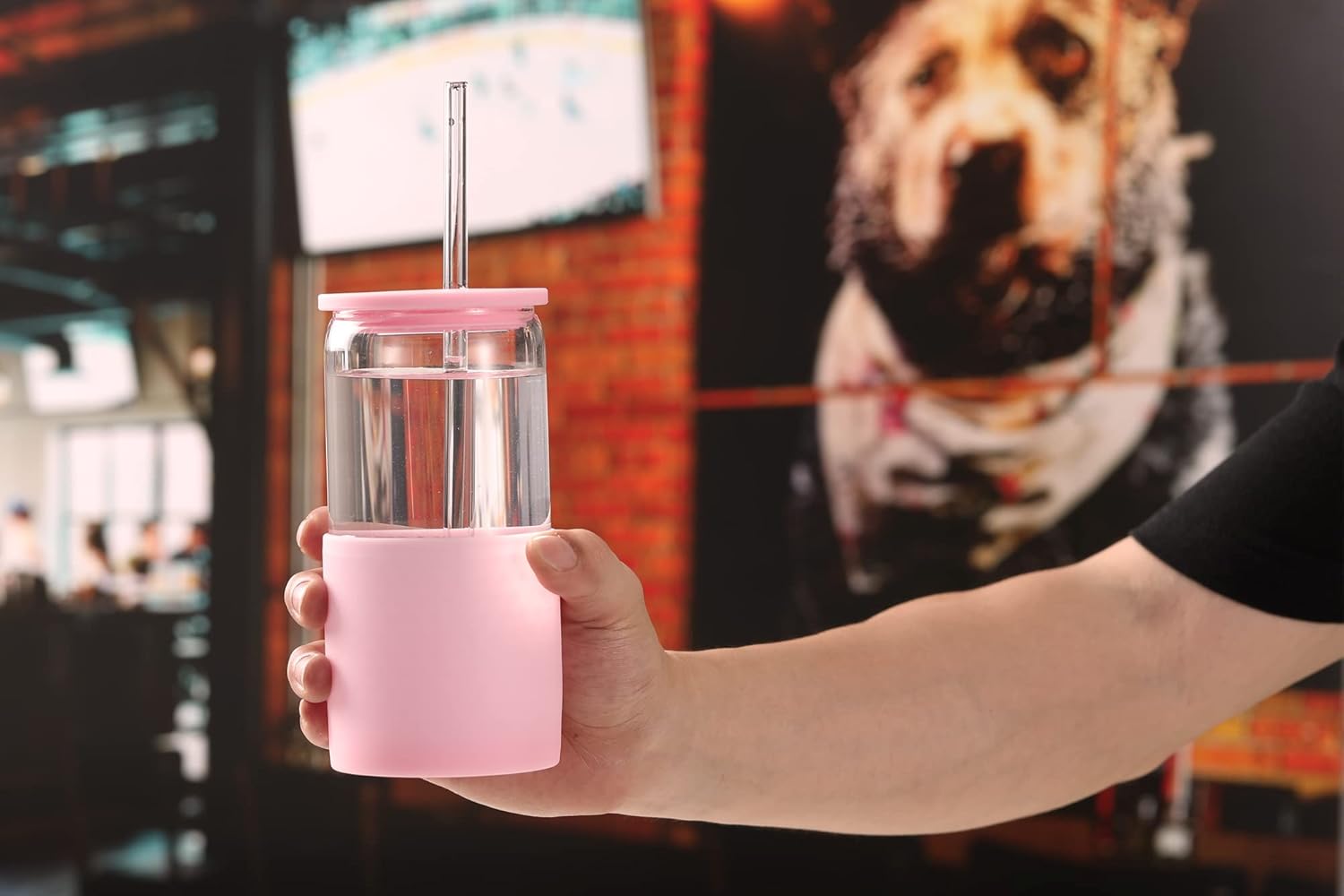 Sunseeke Vaso de vidrio con popote y tapa, taza de café helado de 16 onzas, cepillos de limpieza de fundas de silicona, vasos para agua, café