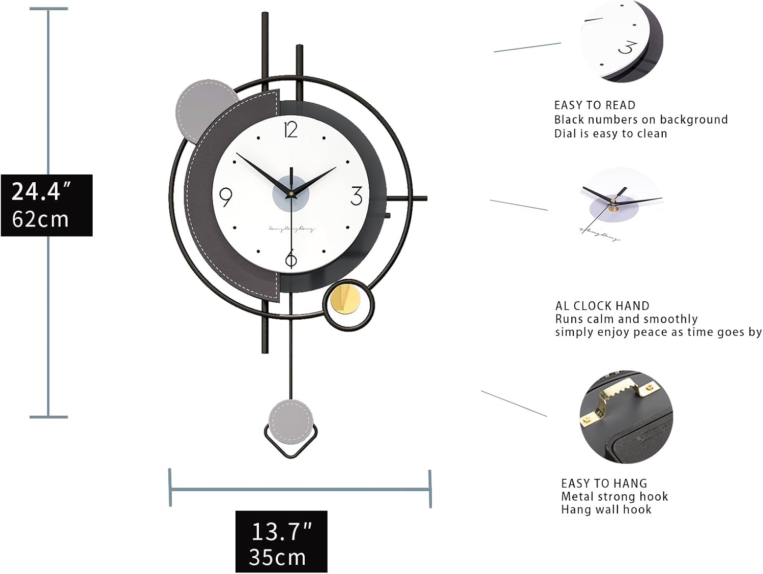 FLEBLE Relojes de pared modernos para decoración de sala de estar, reloj de pared de péndulo grande, funciona con pilas, sin tictac, silencioso para