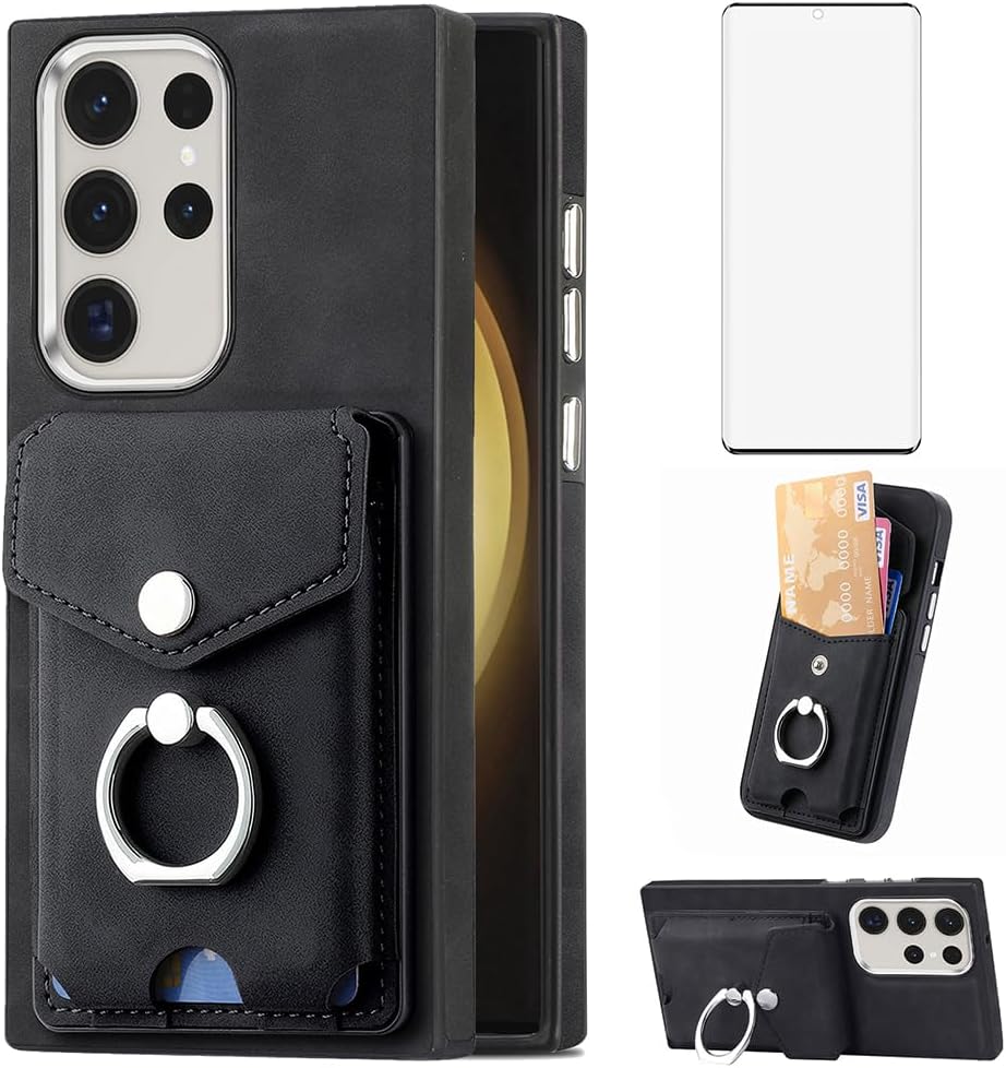 Asuwish Funda tipo cartera compatible con Samsung Galaxy S23 Ultra 5G y protector de pantalla de vidrio templado, soporte para tarjetas, soporte