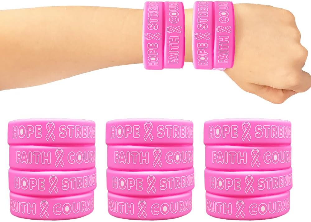 AOGU Pulseras de goma con cinta rosa para concientización sobre el cáncer de mama para apoyo y cuidado unisex para mujeres