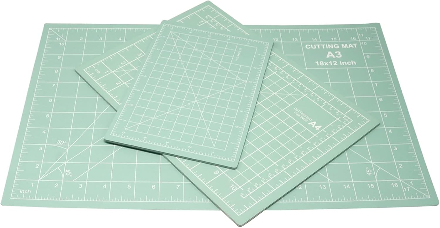 Juego de alfombrillas de corte verde menta A3, A4, A5 con escala de centímetro y pulgadas, tabla de cortar autocurable con 5 capas de grosor de