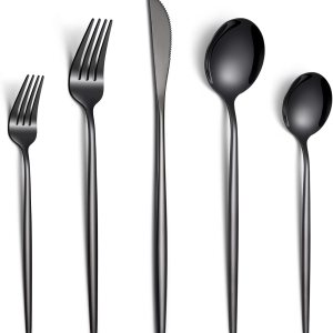 Juego de cubiertos negros de 30 piezas, cubiertos negros para 6, tenedores negros de acero inoxidable, cucharas y cuchillos, servicio para 6, pulido Juego de cubiertos negros de 30 piezas, cubiertos negros para 6, tenedores negros de acero inoxidable, cucharas y cuchillos, servicio para 6, pulido
