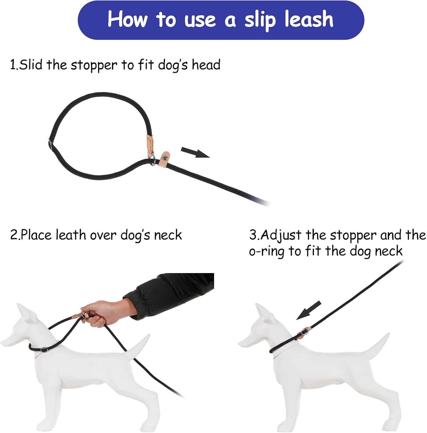 Cobee Correa de cuerda para perros pequeños, control deslizante, correa de bucle para perro sin tirones de 5 pies x 13 pulgadas con conector de