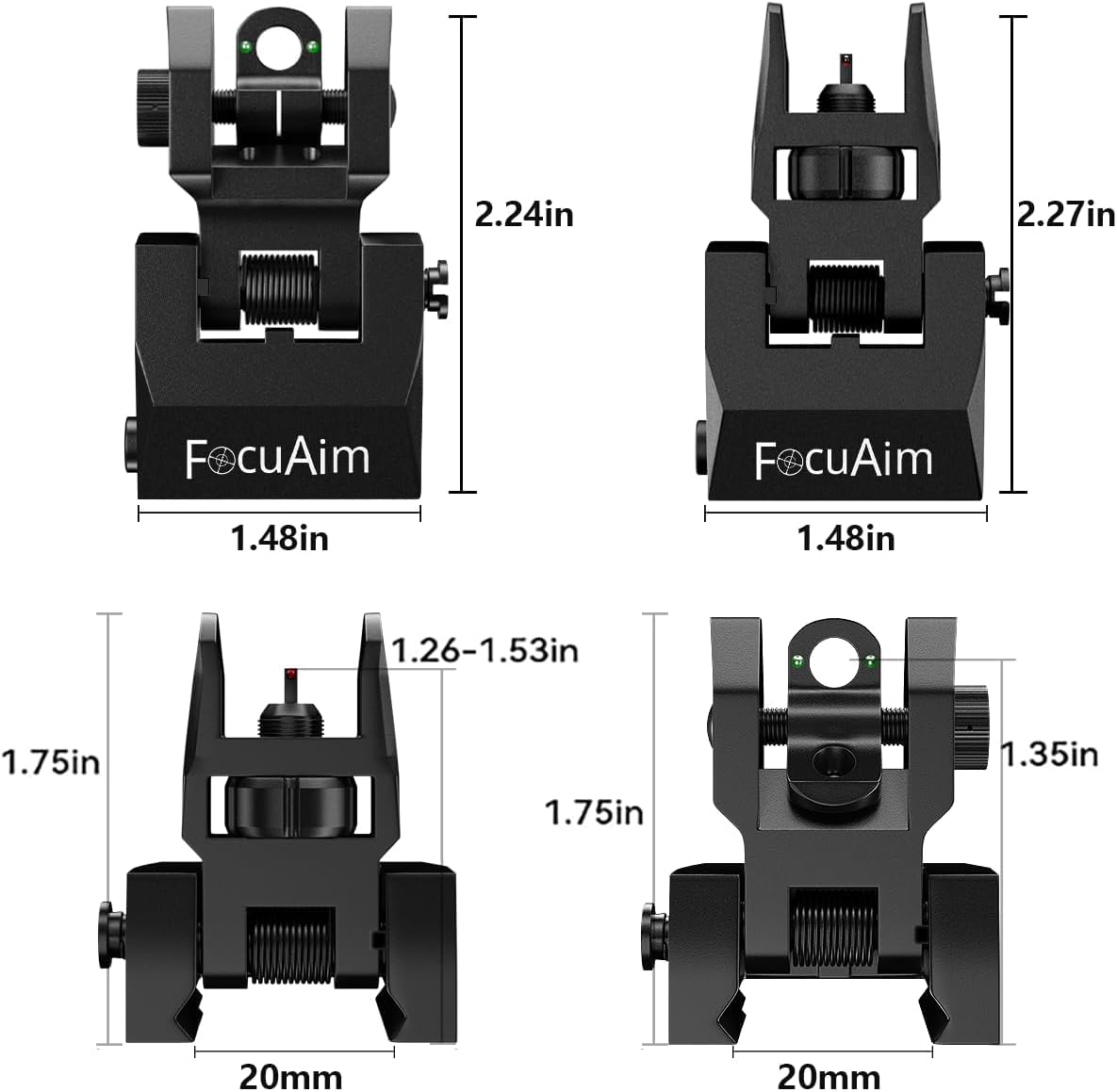 R2 Iron Sights, Fiber Optic Flip Up Iron Sights for Picatinny Rail, Flip Up Front and Rear Backup Sights with Red and Green Dot, Tool-Free