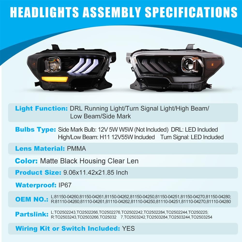 CPW Faros delanteros compatibles con Toyota Tacoma 2016-2019 2020-2023 Tacoma SR SR5 TRD Sport solo modelos DRL proyector frontal frontal carcasa