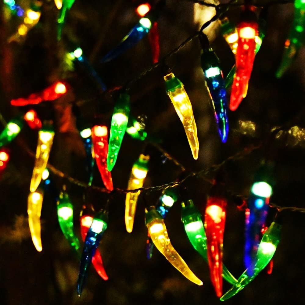 Guirnalda de luces solares de Navidad para exteriores, 50 luces LED multicolor con luces de árbol de Navidad, luces solares de jardín para cocina,