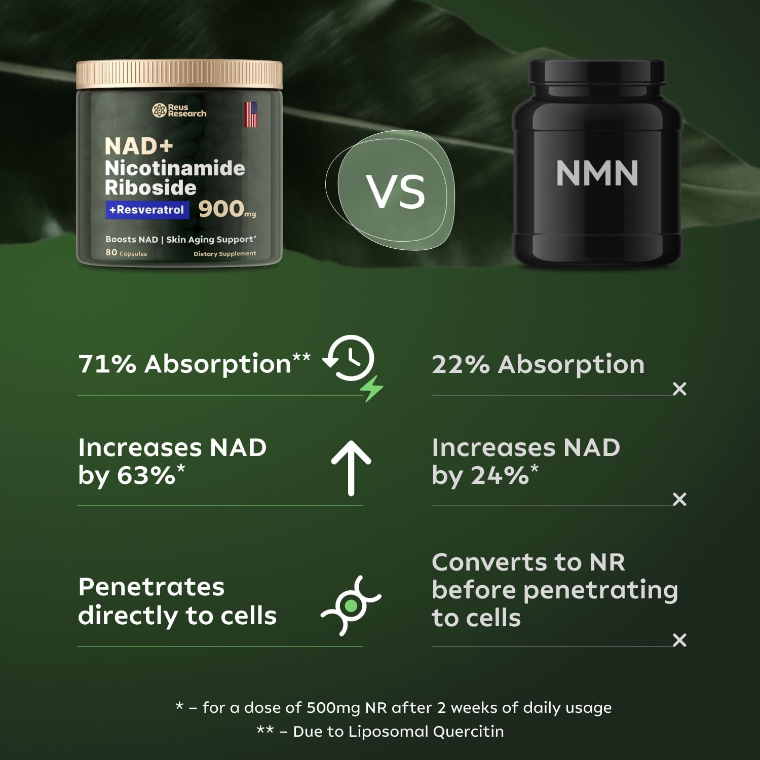 Reus Research NMN Suplemento alternativo  Ribosida liposomal de nicotinamida, resveratrol, quercetina por Reus Research  Suplemento NAD de alta