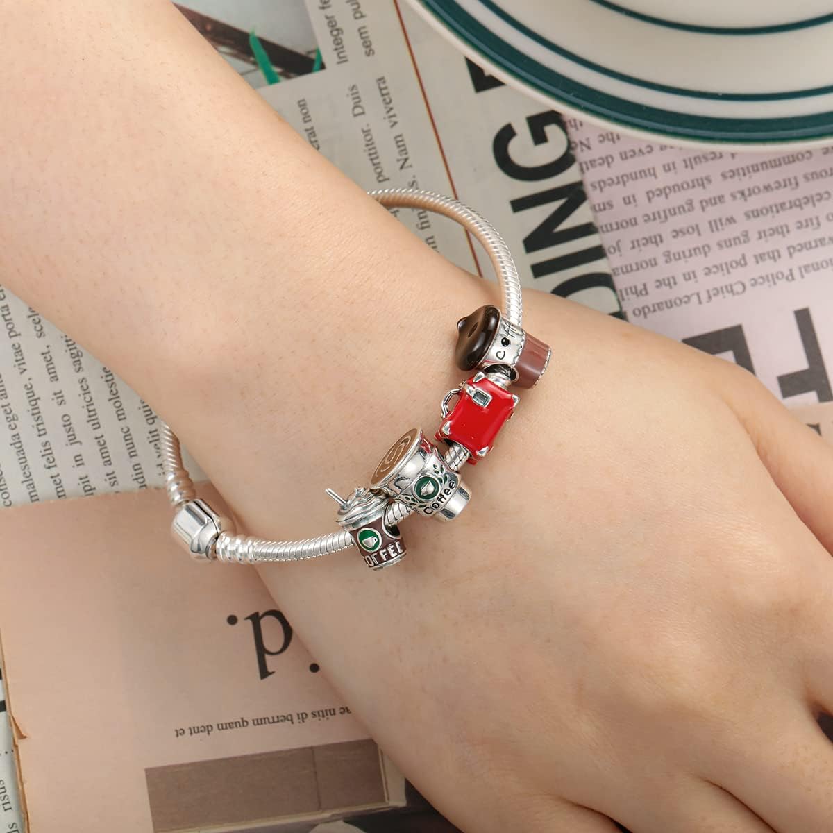 Dijes de plata para pulseras, collares, colgantes de plata de ley S925 con circonita cúbica, dijes de cuentas de café y viaje para hacer joyas,
