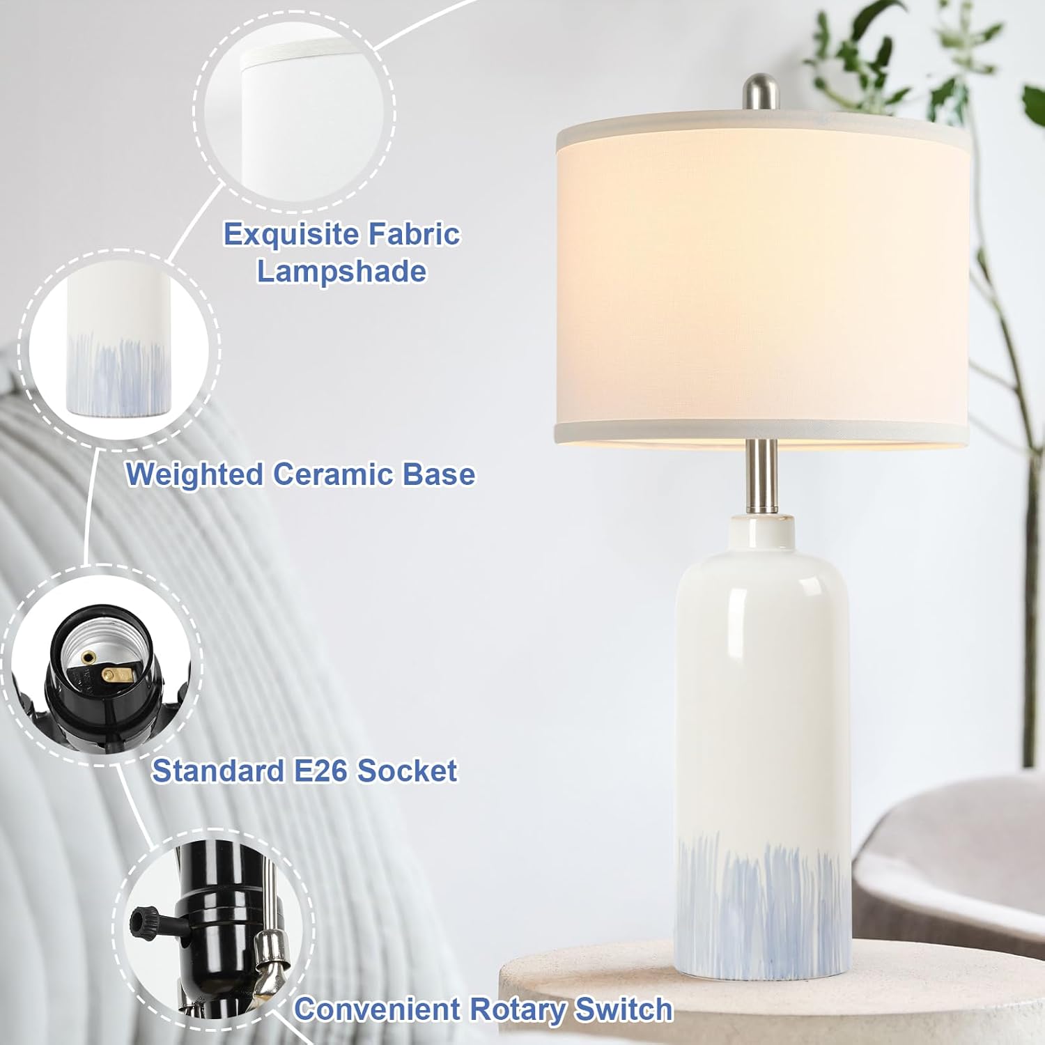 Juego de 2 lámparas de mesa de cerámica de 26 pulgadas, lámparas de mesa para sala de estar costera con pantallas de tela blanca, lámparas de noche