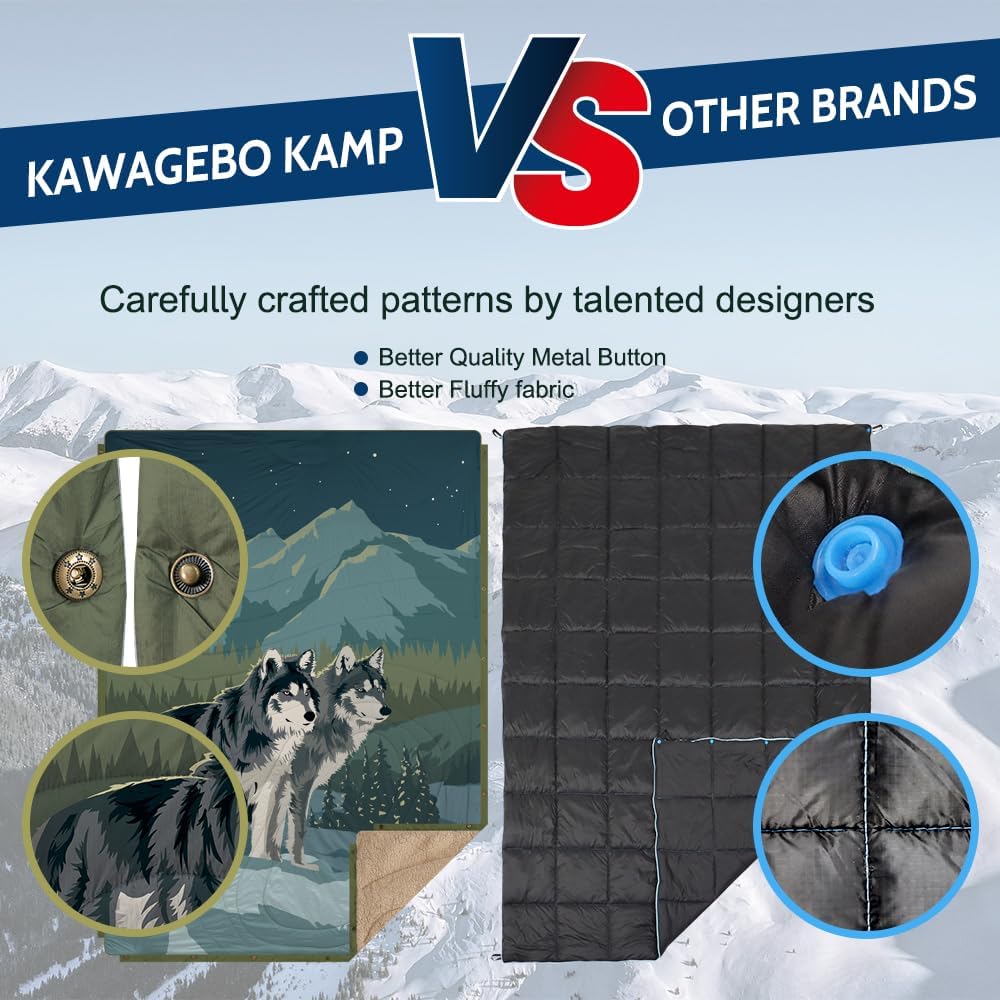 Kawagebo – Manta de forro polar Sherpa para acampar al aire libre con bolsa impermeable plegable, manta de campamento suave y cálida 3 en 1, manta