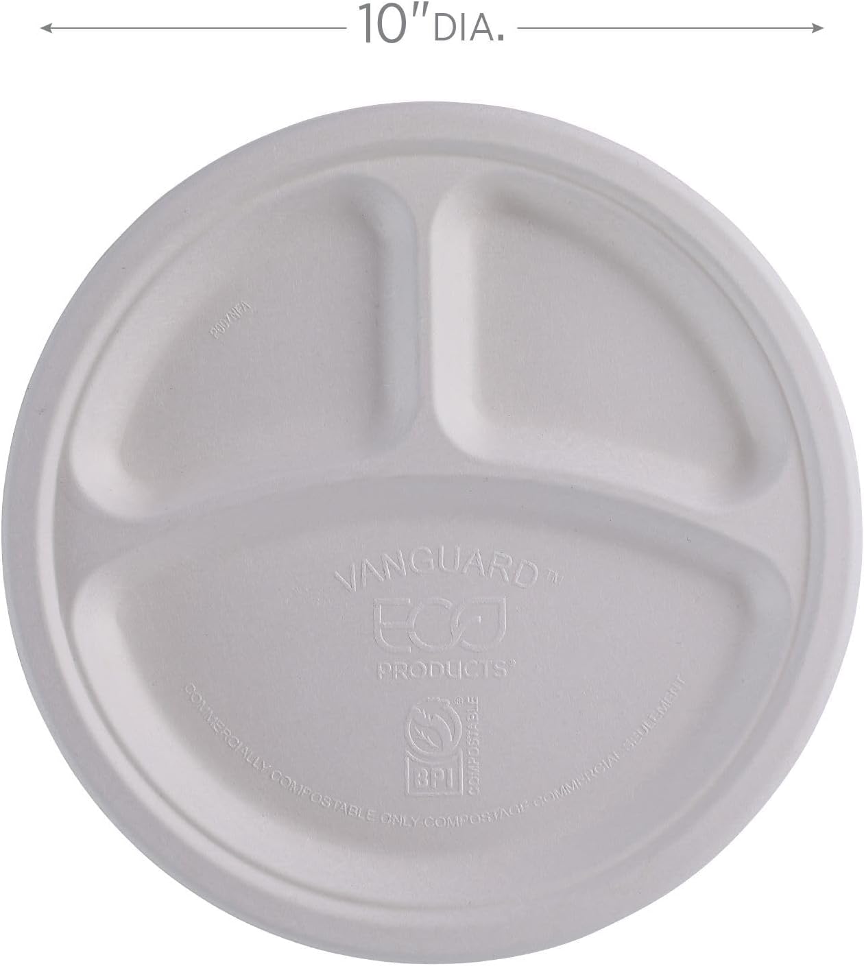 ECO PRODUCTS Vanguard – Platos de papel compostables de 3 compartimentos de 10 pulgadas, caja de 500, fibra moldeada blanca desechable, redondos,
