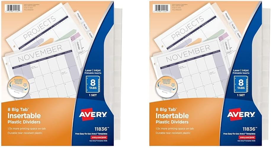 Avery Separadores insertables de plástico duradero con 8 pestañas grandes para carpetas de 3 anillas, transparente, 1 juego (11836) (paquete de 2)