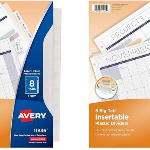 Avery Separadores insertables de plástico duradero con 8 pestañas grandes para carpetas de 3 anillas, transparente, 1 juego (11836) (paquete de 2) Avery Separadores insertables de plástico duradero con 8 pestañas grandes para carpetas de 3 anillas, transparente, 1 juego (11836) (paquete de 2)