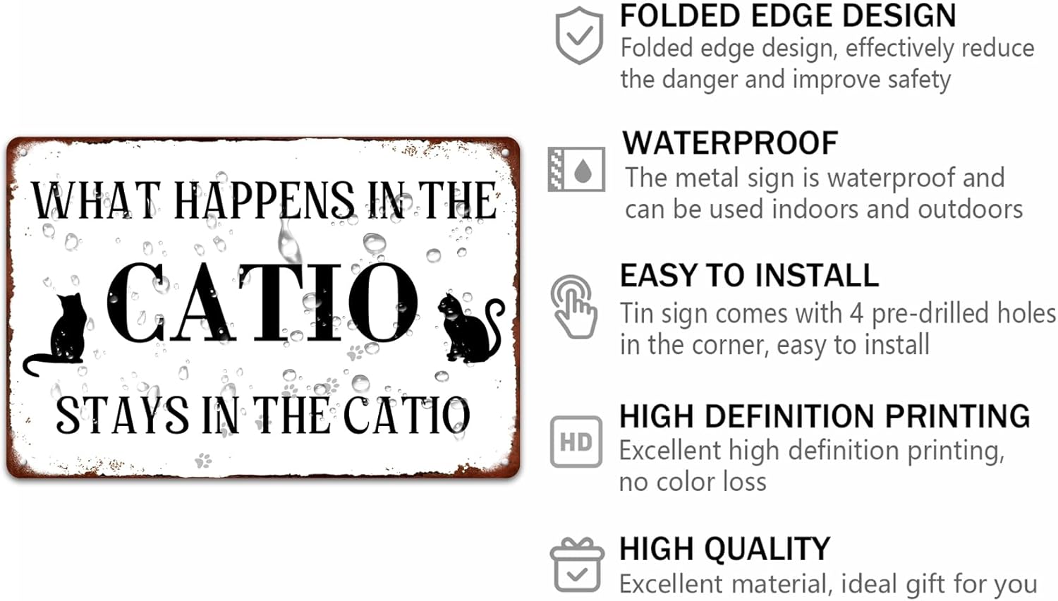 Letrero de metal con texto en inglés Cat Lover What Happens in the Catio Stays in the Catio para decoración de pared de casa de campo, póster