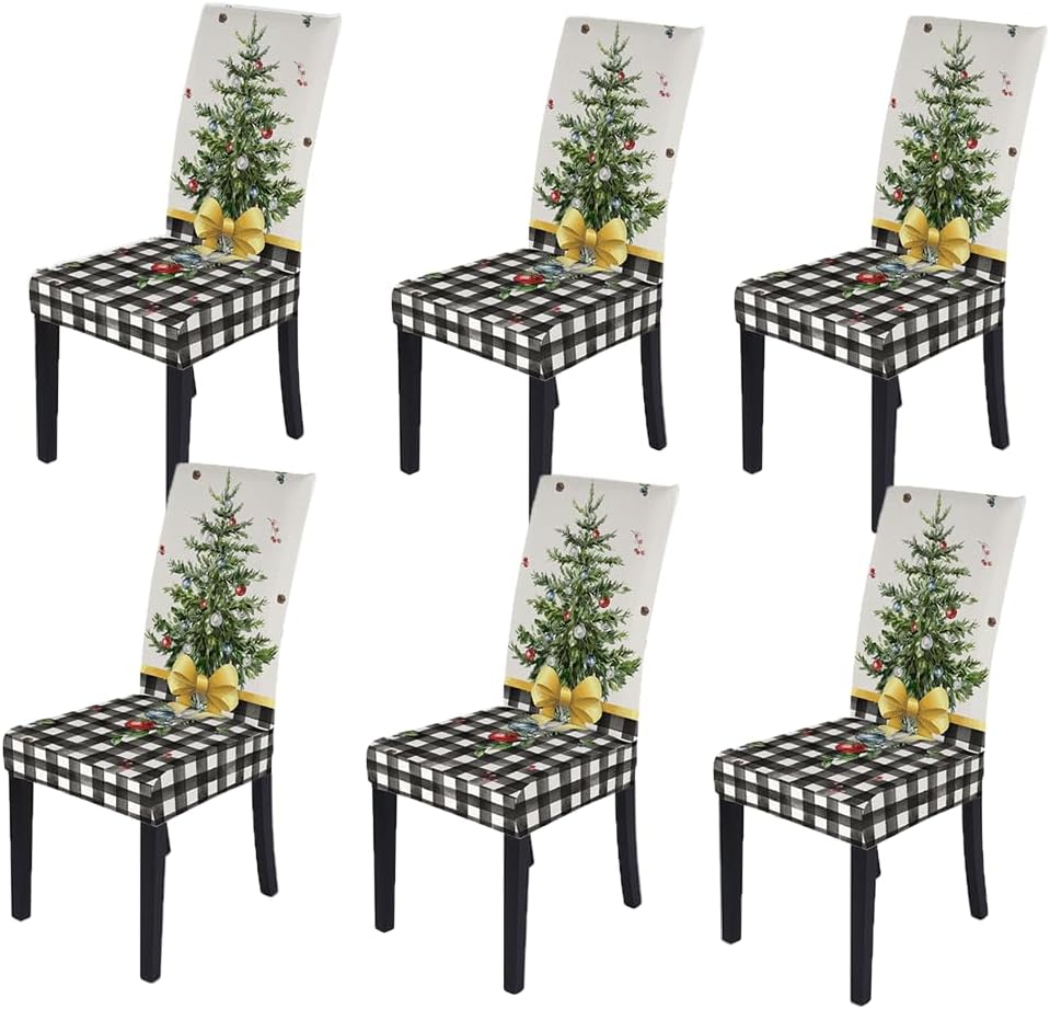 Juego de 6 fundas para sillas de Navidad, diseño de búfalo a cuadros, color blanco y negro, elástico, desmontable, lavable, decoración para sillas
