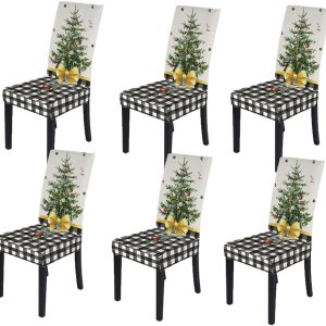 Juego de 6 fundas para sillas de Navidad, diseño de búfalo a cuadros, color blanco y negro, elástico, desmontable, lavable, decoración para sillas Juego de 6 fundas para sillas de Navidad, diseño de búfalo a cuadros, color blanco y negro, elástico, desmontable, lavable, decoración para sillas
