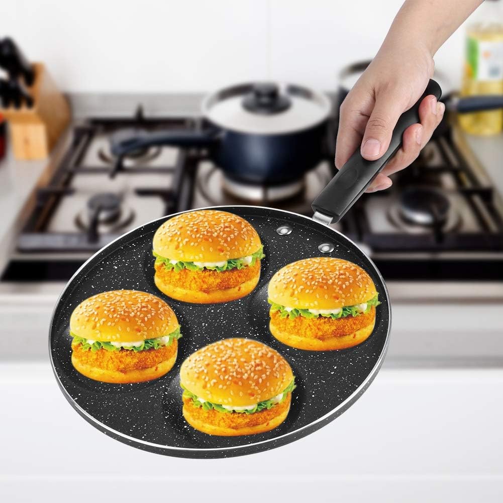 Sartén de huevos, 4 tazas de aluminio antiadherente para el hogar, sartén para tortillas, cocina, desayuno, panqueques con asa