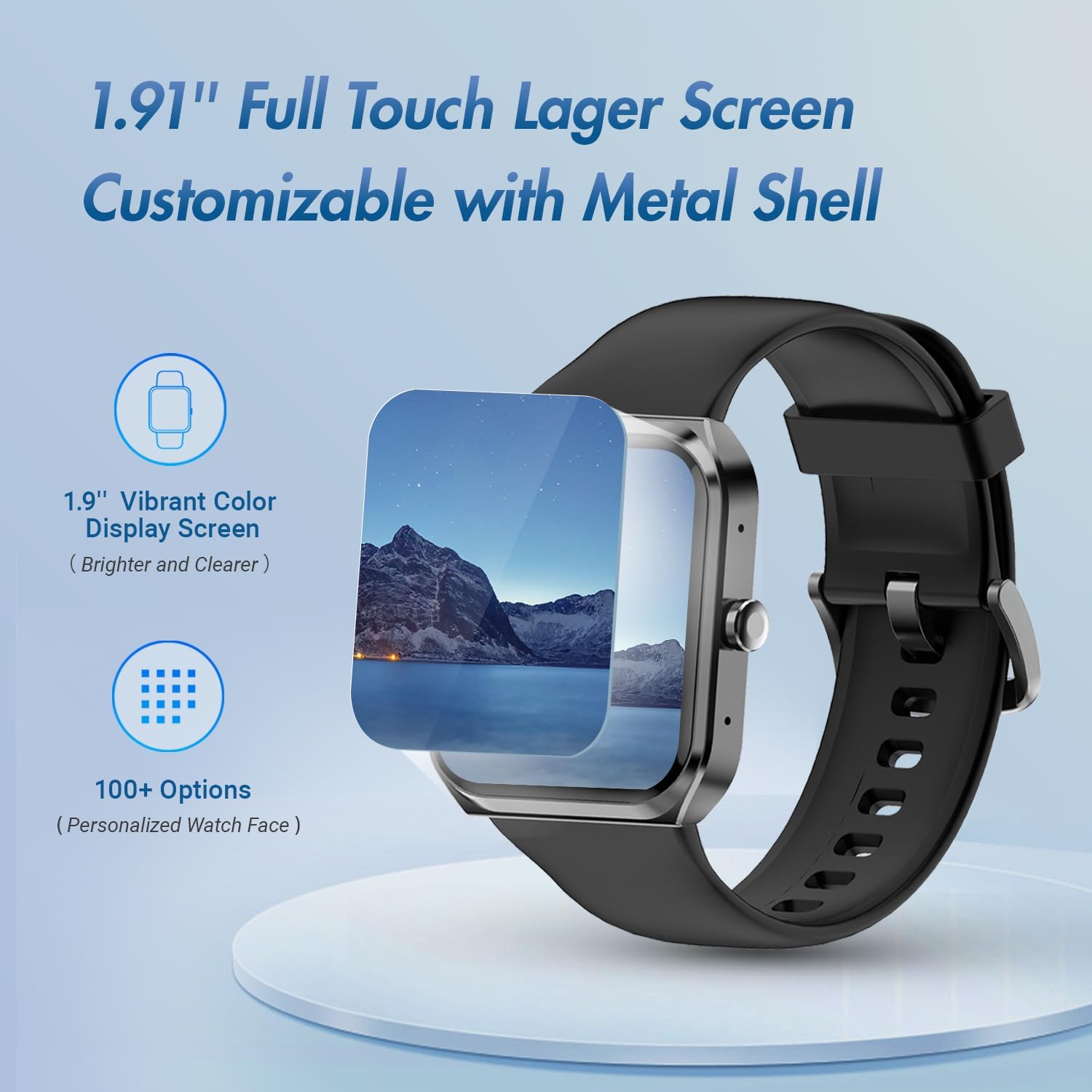 MXQ Reloj inteligente de fitness para mujeres y hombres, Android iOS iPhone, pantalla grande de 1.91 pulgadas, carcasa de aluminio negro con correa