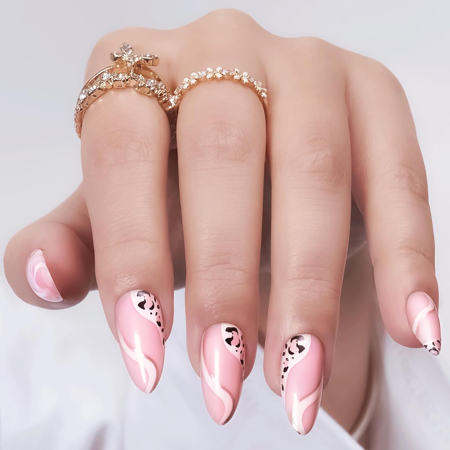 Uñas postizas a presión con diseño de leopardo rosa medio, almendra para mujer, ajuste natural, uñas adhesivas acrílicas reutilizables, 24 unidades