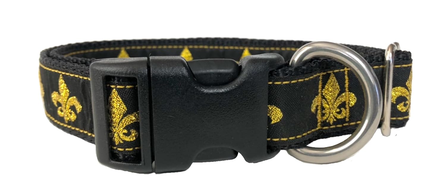 Fleur De Lis Dog Collar (Made with shiny gold colored thread) (fits medium to large size dogs) (Large (14″ – 22″))