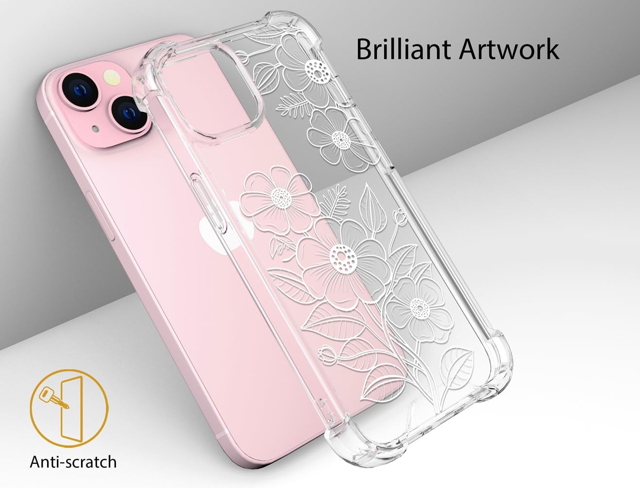 Funda compatible con iPhone 15 Plus, linda flor floral transparente para mujeres, diseño femenino, funda transparente de diseño floral, compatible