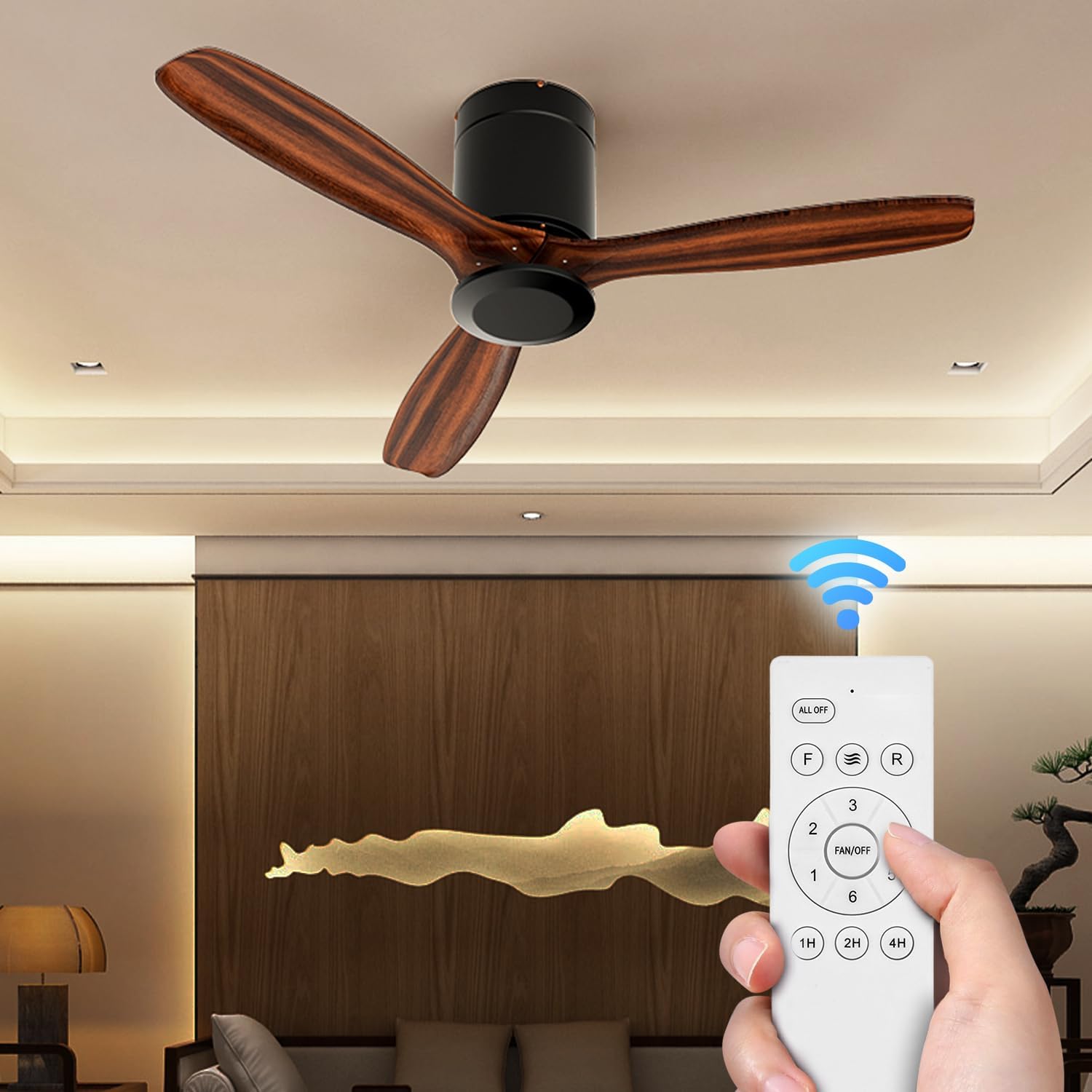 mollie Ventilador de techo de perfil bajo de 52 pulgadas con control remoto, 3 aspas de madera, ventilador de techo moderno sin luz con motor CC