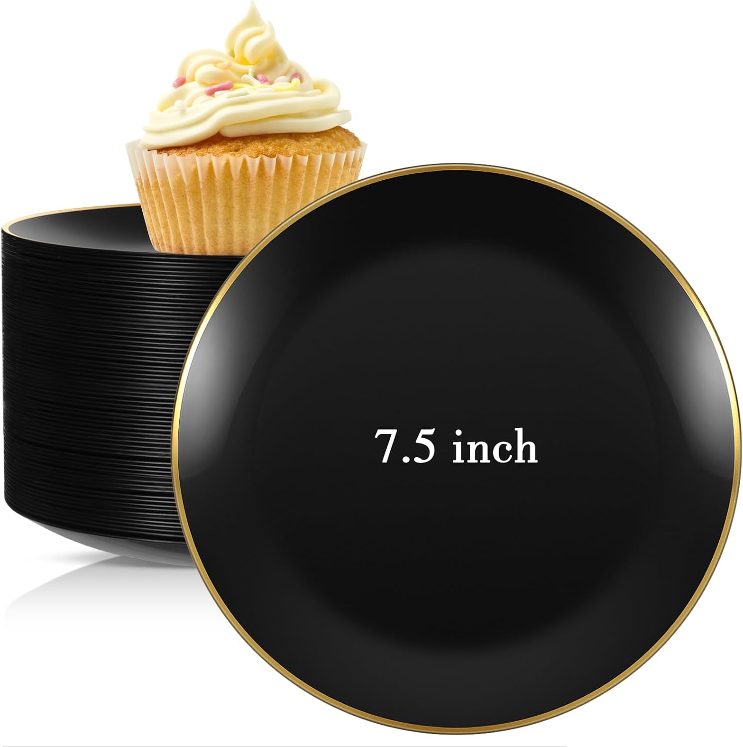 Ziliny 50 platos de plástico negro con diseño de borde dorado, elegantes platos de postre negros para fiestas, platos llanos desechables a granel,