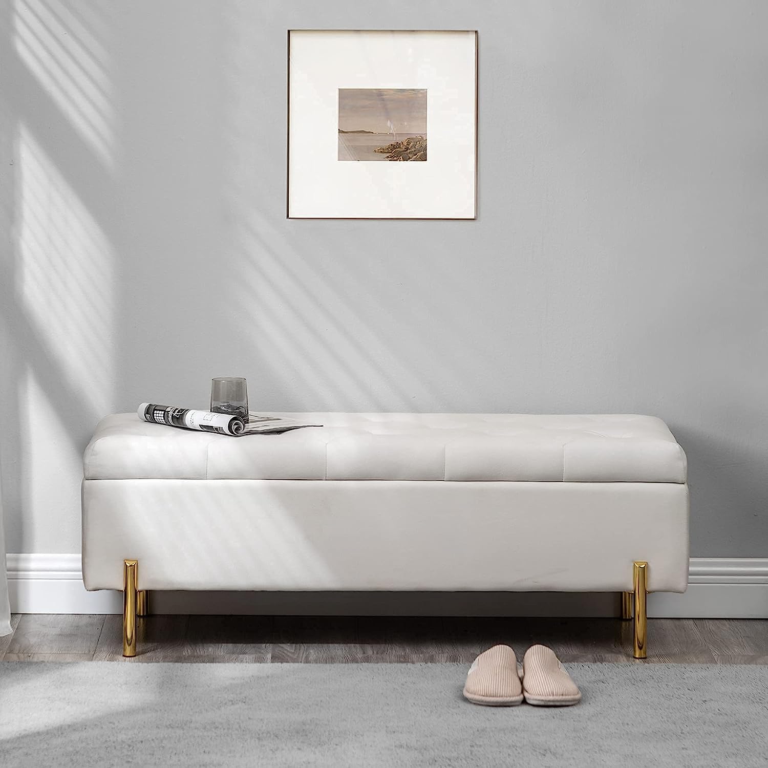 TUOMUR 45 Inch Velvet Storage Bench Upholstered Tufted Settee Ottoman Bench with Storage, Bed End Bench with Soft Close Lid, for Bedroom, Living