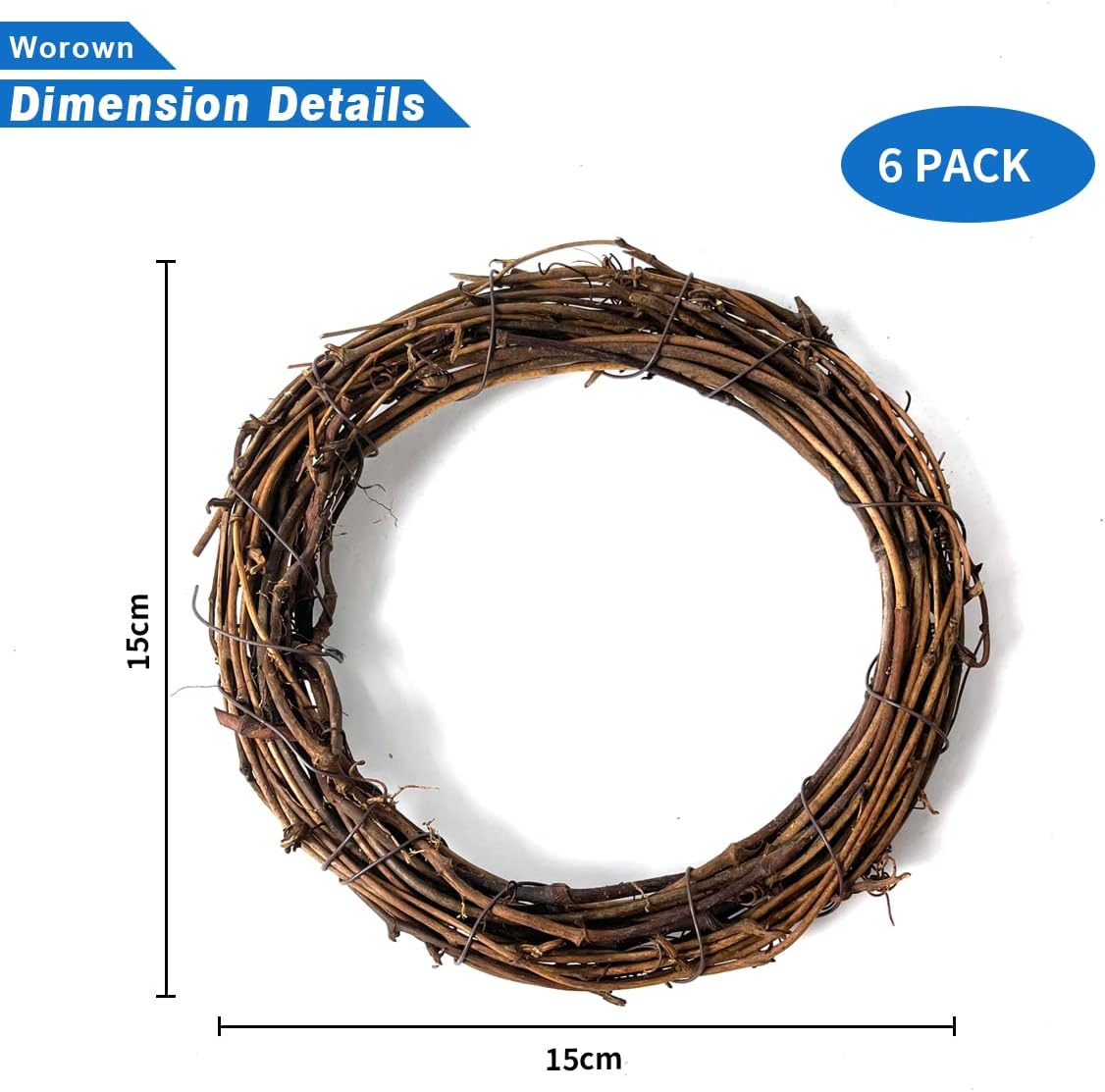 Worown 6 coronas de vid naturales de 6 pulgadas, corona de rama de vid, corona de ratán para manualidades de Navidad, colgar en la pared de la