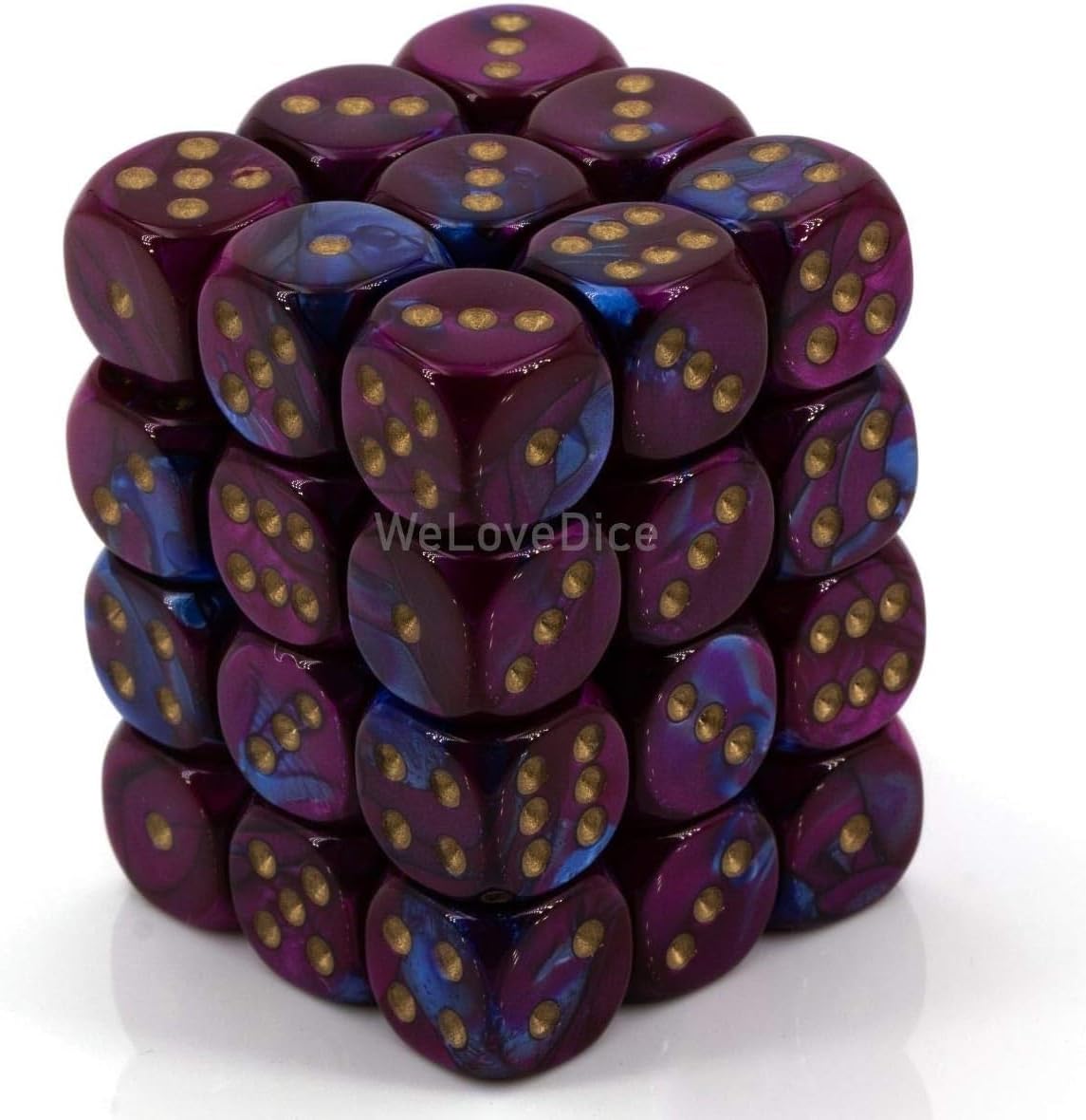 Chessex Gemini – Dados de 6 caras, color azul y morado con pipas doradas, tamaño 0.472 in, bloque de dados de 36