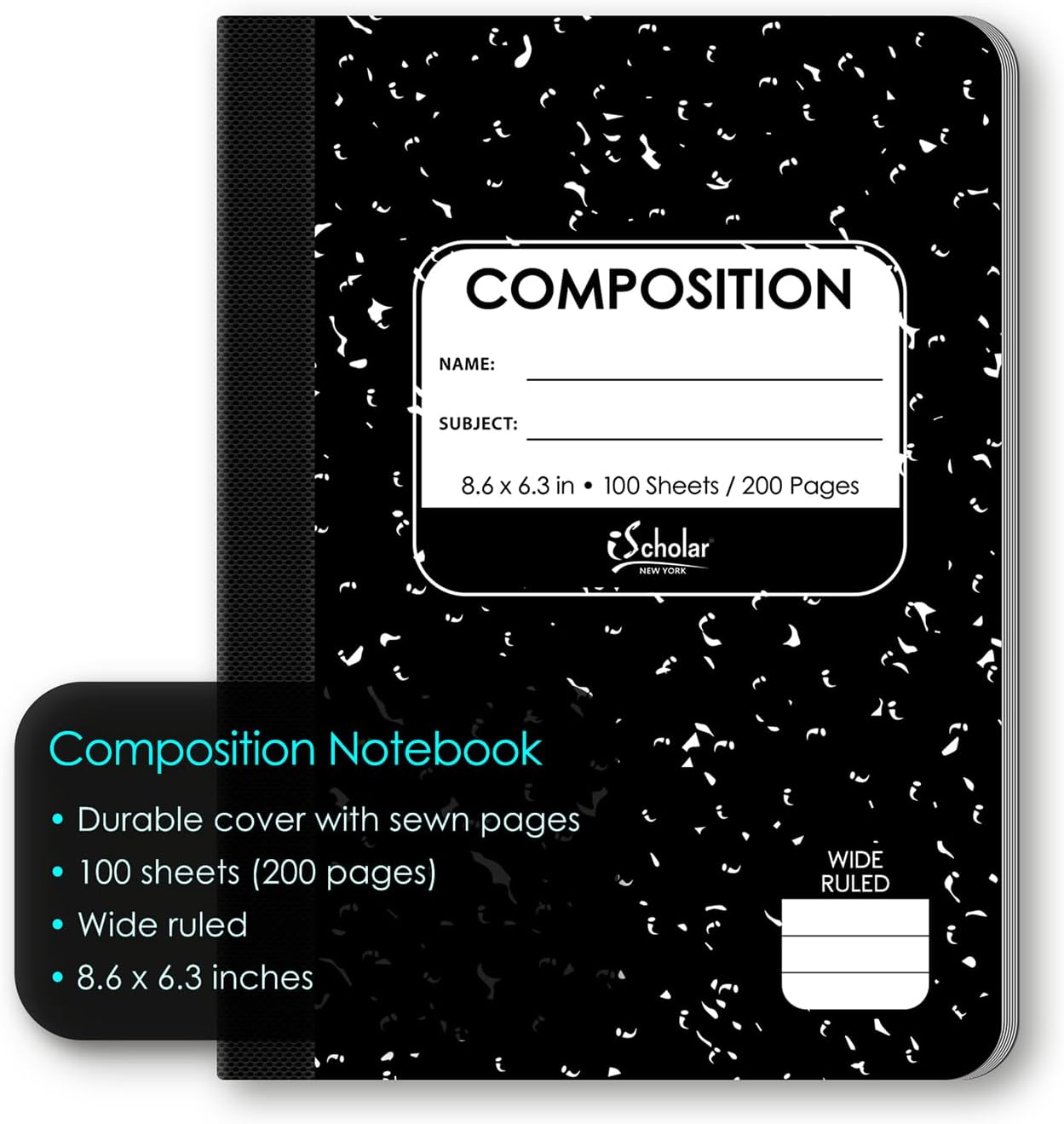 iScholar Cuaderno pequeño de composición en blanco y negro, rayas anchas, 8.6 x 6.3 pulgadas, 100 hojas (10110)