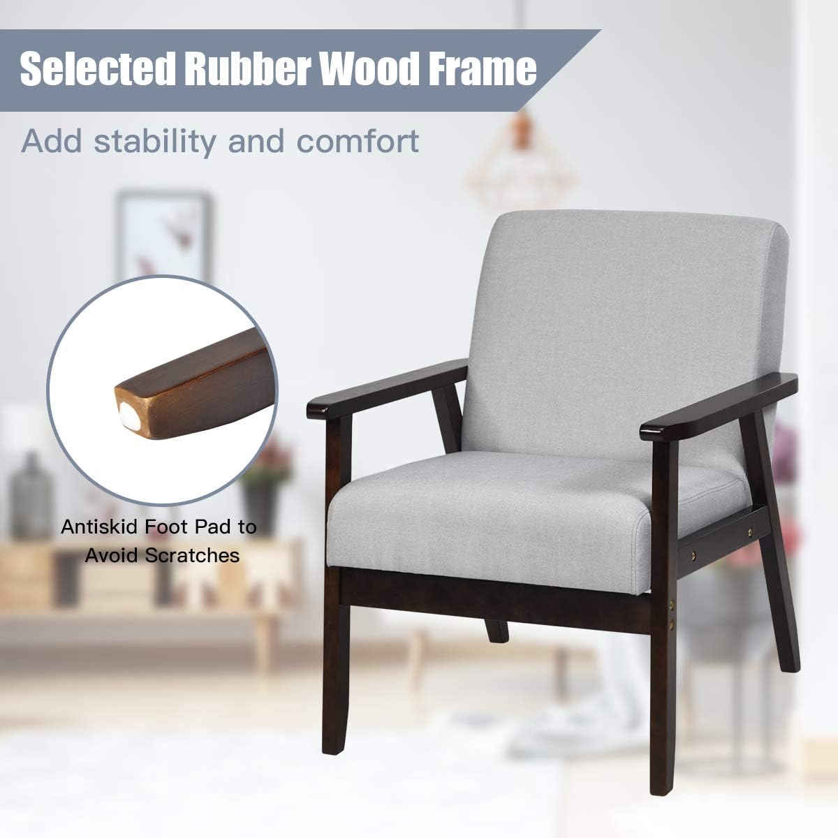 Giantex Silla decorativa moderna Mid-Century, sillón de tela retro, hecho de madera maciza, sillón tapizado de lino para sala de estar (1, gris