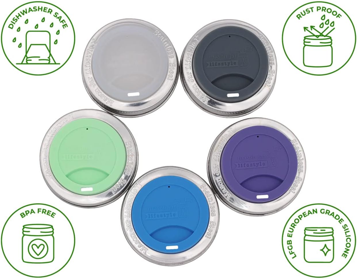 Mason Jar Lifestyle – Tapas de silicona para beber con bandas de acero inoxidable a prueba de óxido (paquete de 2, aguamarina, boca regular)