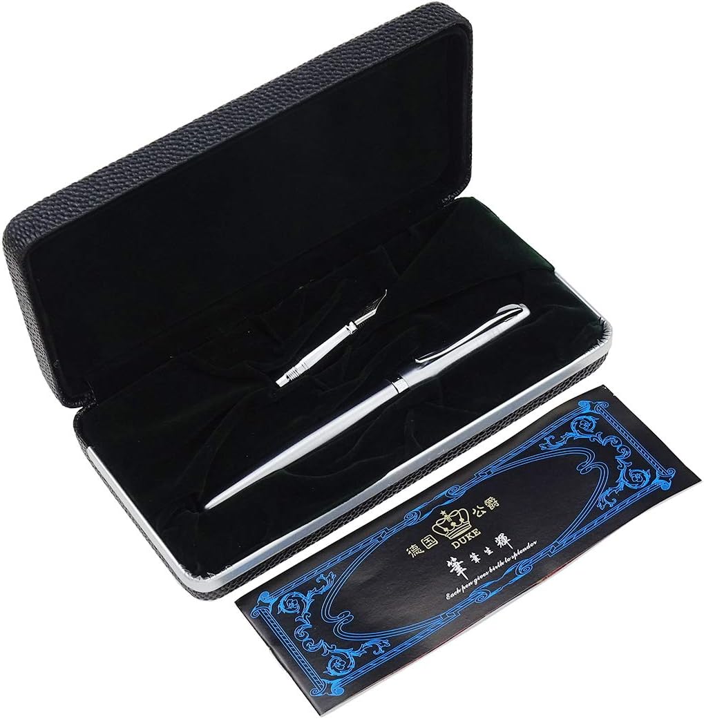 Duke 209 – Pluma estilográfica de acero plateado de doble punta mediana y doblada, juego de escritura intercambiable con caja de regalo
