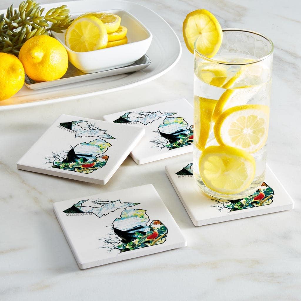 Michigan Coaster, Joyride Home Decor 4 posavasos de cerámica, posavasos cuadrados de 4 pulgadas, juego de 4, parte trasera de corcho antideslizante,