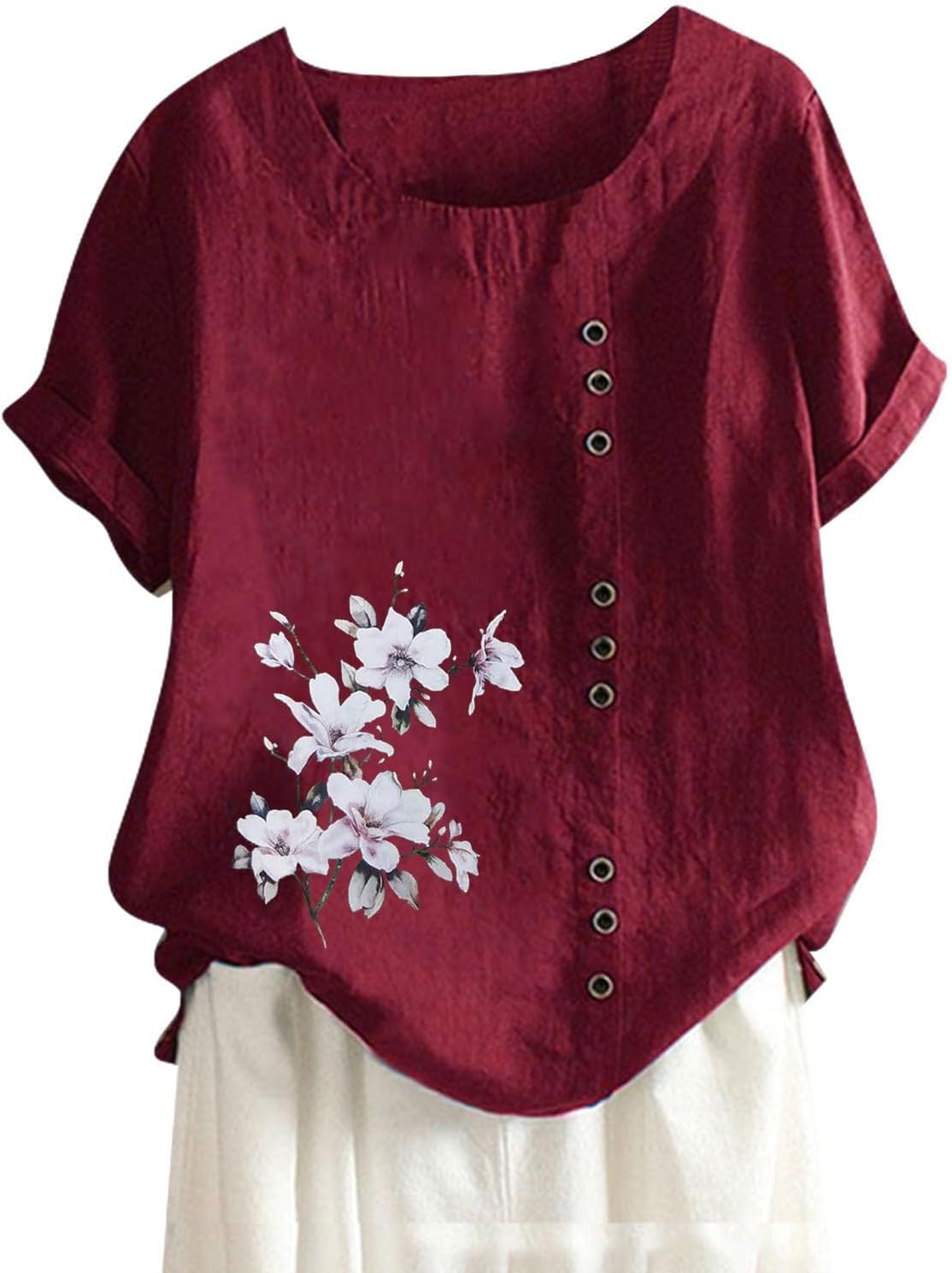Camisetas para mujer, de lino, ajuste holgado, casual, estampado floral, manga corta, con botones, tops para mujer, trajes de concierto