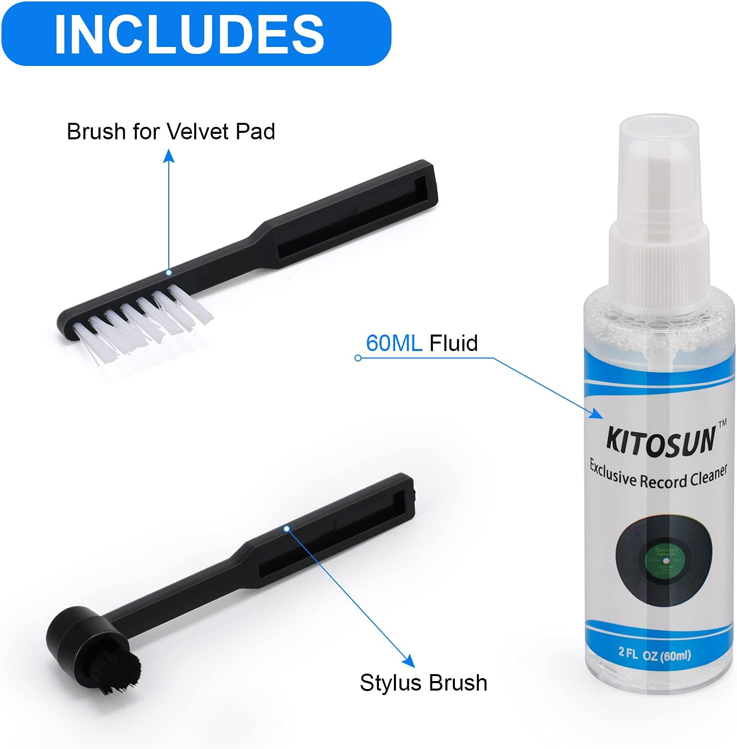 Kit limpiador de discos de vinilo, cepillo de terciopelo antiestático con cepillo limpiador de lápiz capacitivo pequeño, 2.0 fl oz, líquido