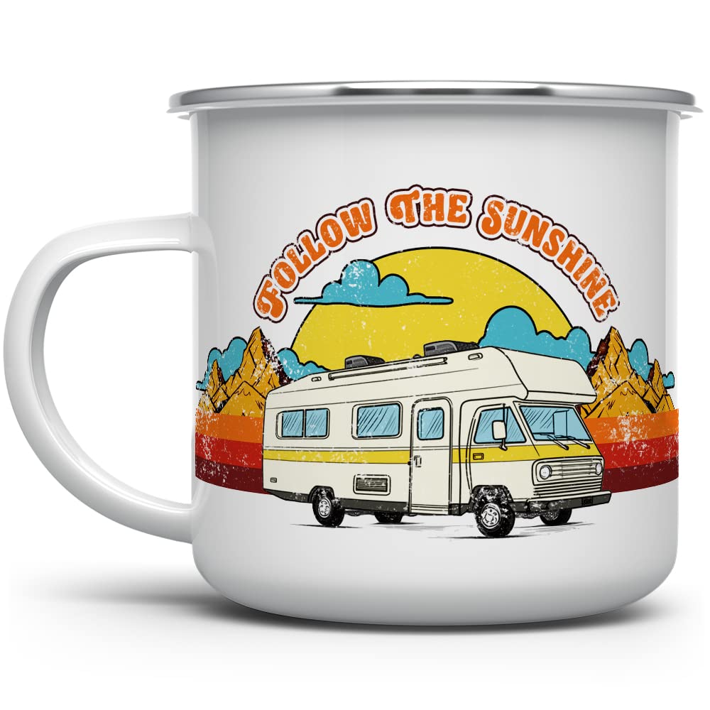 Follow The Sunshine Van Life Camper Coffee Mug, Travel Camping Wanderlust Desert Mountian Nature Campfire Cup (12oz)