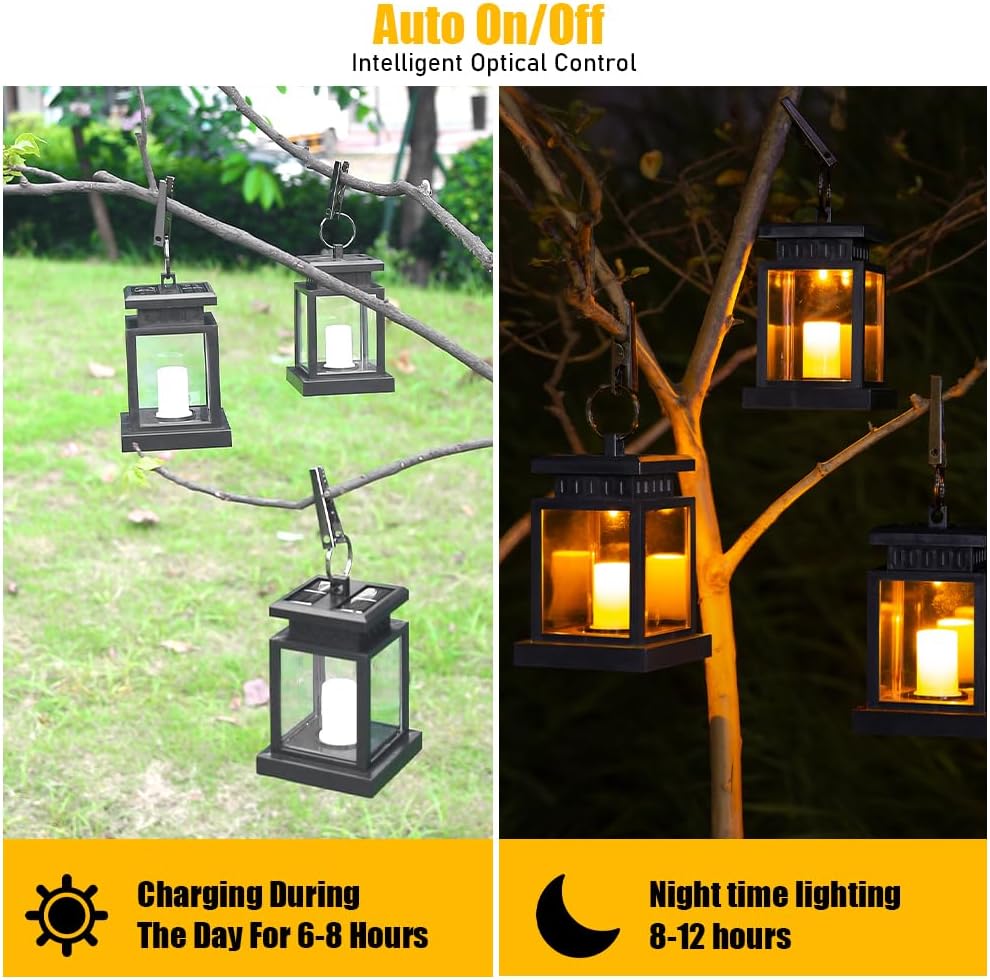 Farol solar para exteriores, faroles colgantes de llama parpadeante con clip, luz solar impermeable, luces solares decorativas para jardín, patio,