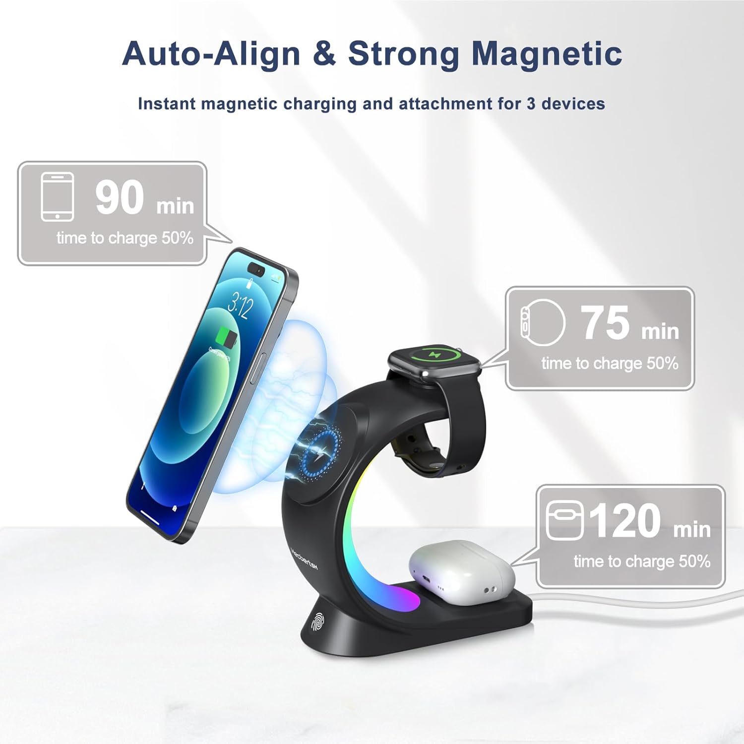 Cargador inalámbrico 3 en 1, con 6 modos de luz colorida para soporte de escritorio, estación de carga inalámbrica MagSafe rápida para iPhone 15 14