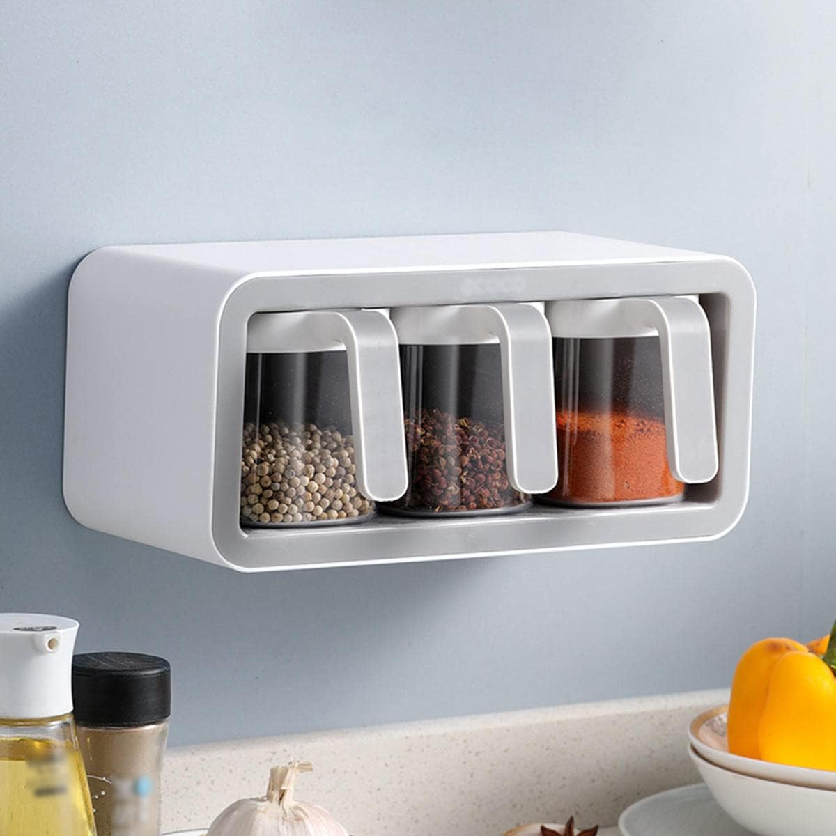Contenedores de condimentos montados en la pared, caja de condimentos autoadhesiva, frascos de condimentos con cuchara, organizador de