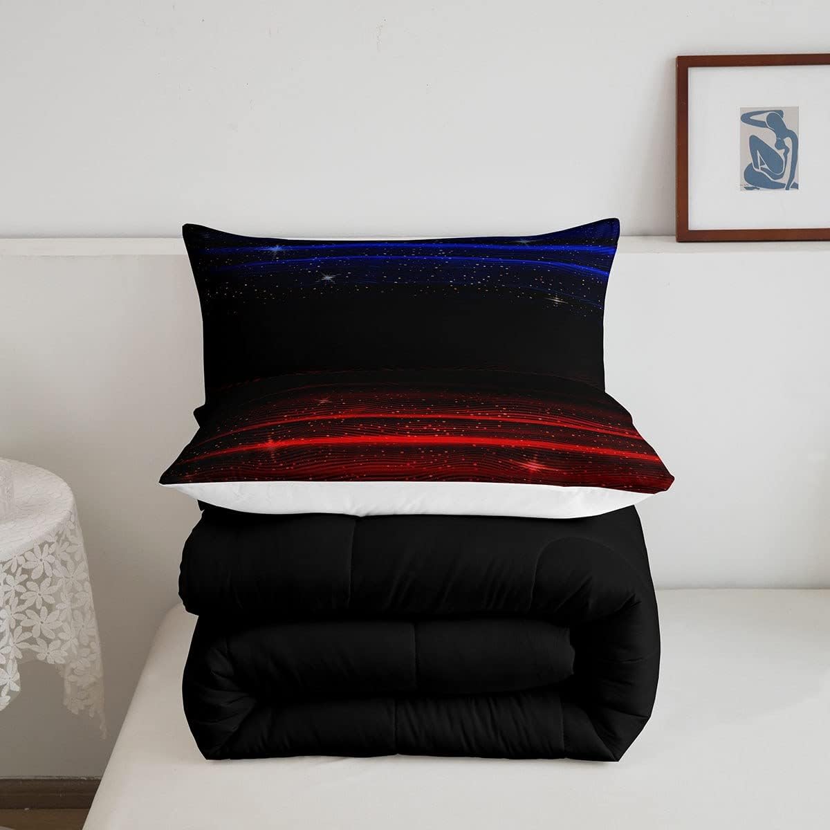 Juego de edredón degradado, juego de ropa de cama con degradado azul, rojo y negro, tamaño King, edredón de plumón con estrellas y cielo estrellado,