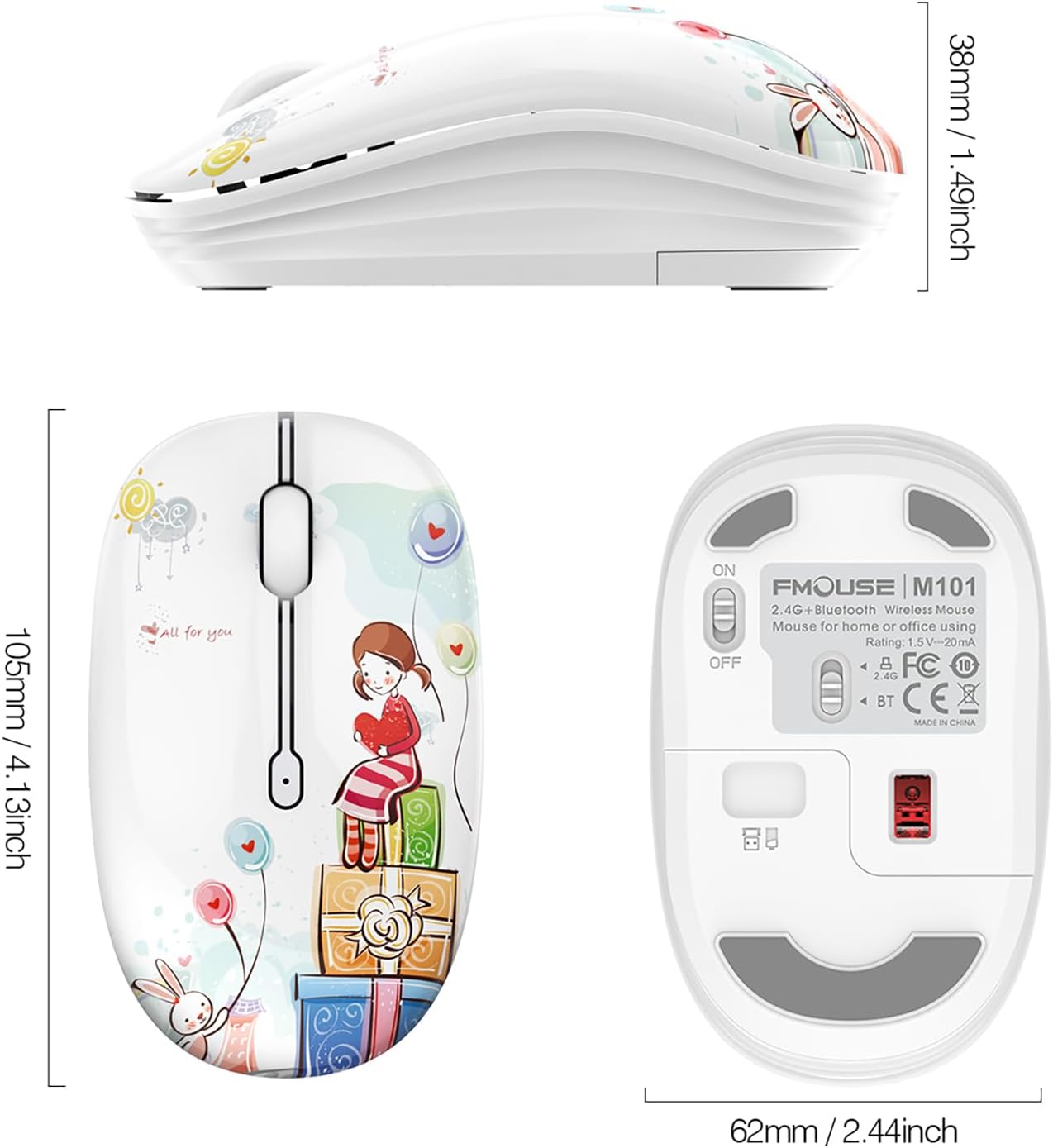 Lindo ratón inalámbrico, silencioso modo dual Bluetooth ratones para portátil, iPad, Comupter, tableta con receptor USB (niña)