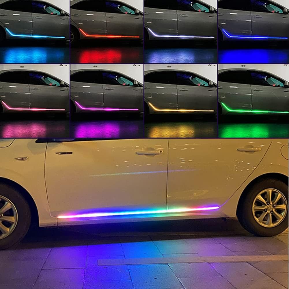 JSCARLIFE Luces RGB para estribo, tira de luz LED para automóvil, faldas de puerta lateral exterior, iluminación ambiental, luces de neón remotas