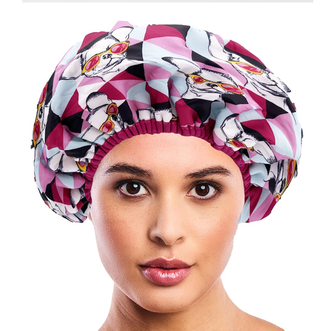 Gorro de ducha y gorro de baño de nailon reutilizable, reversible, de gran tamaño, impermeable, diseñado para todas las longitudes de cabello con