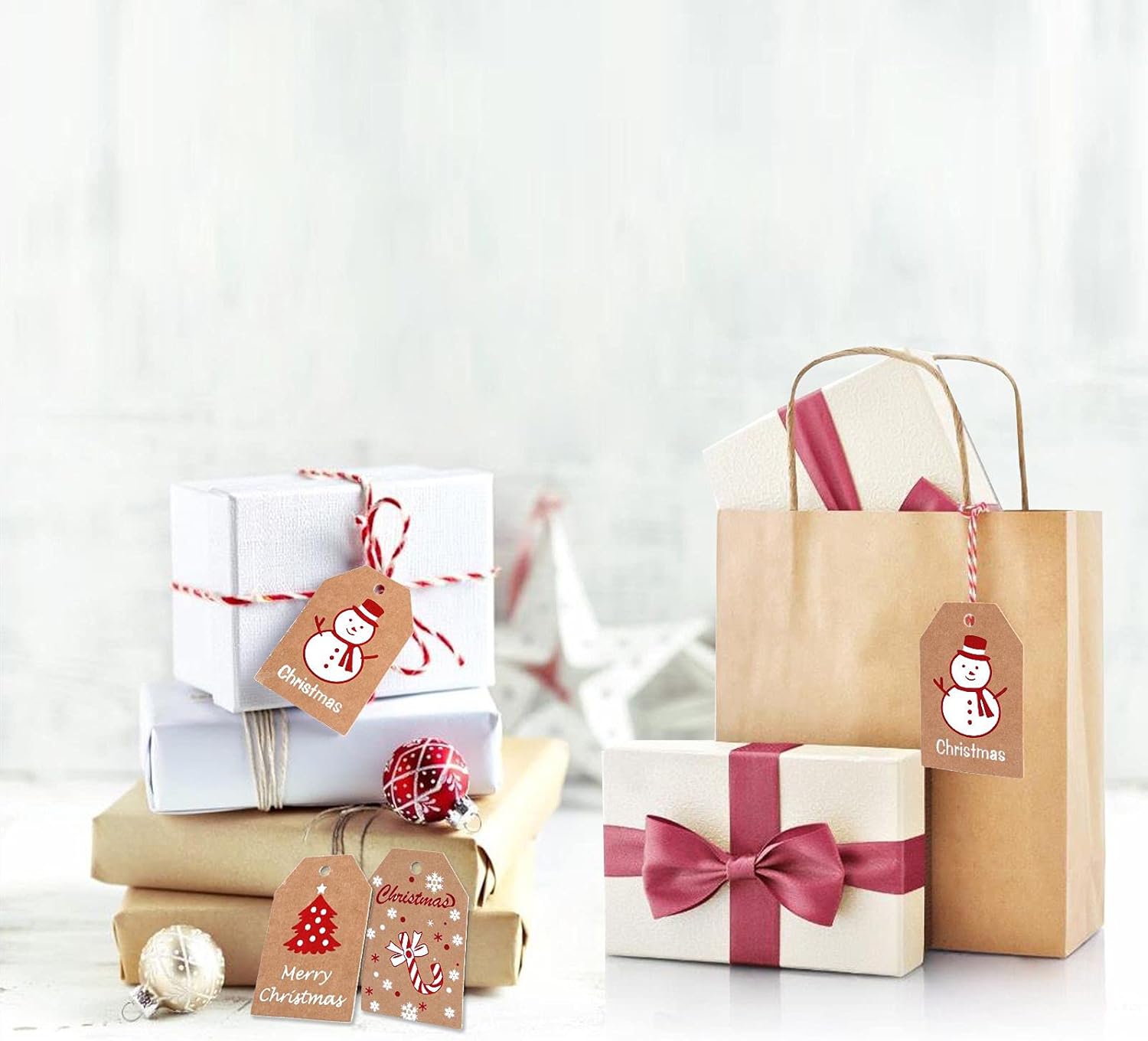 Paquete de 100 etiquetas de regalo de papel kraft de Navidad, etiquetas de papel kraft marrón navideño, etiquetas colgantes de Navidad con cuerda de